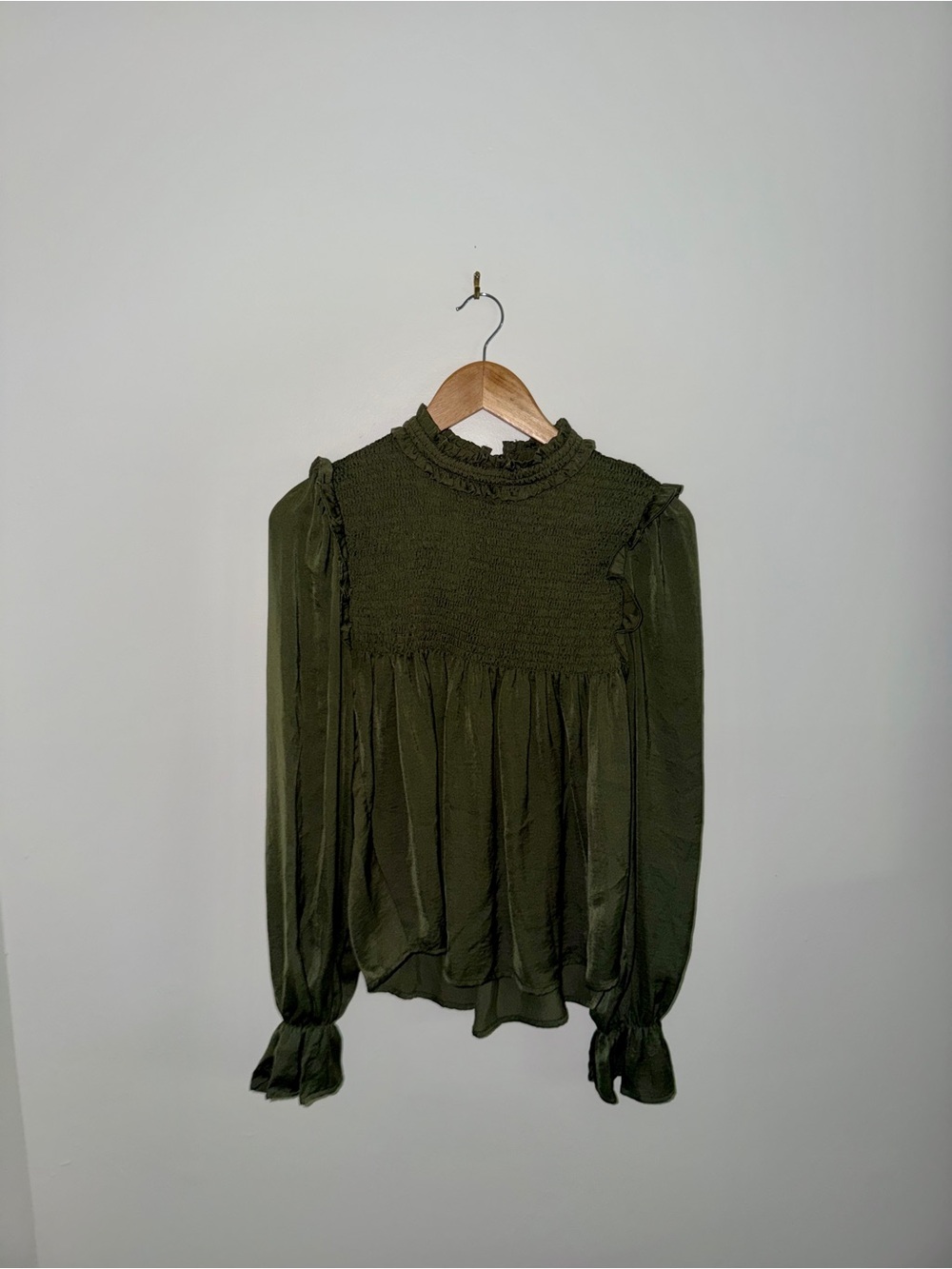 glam • Satin Olive Green High-Neck Smocked Blouse with ruffle sleeves